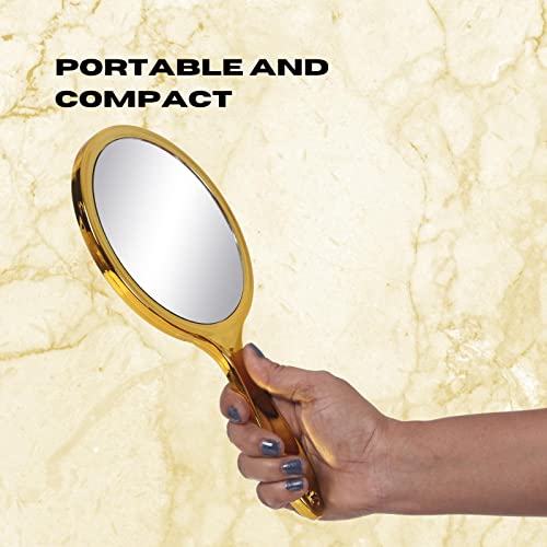Scarlet Line Professional Series Medium Round Shape Double Sided Magnifying Makeup Hand Mirror with Handle for Men and Women, Golden, 27X14.5X1 cm - Image 5