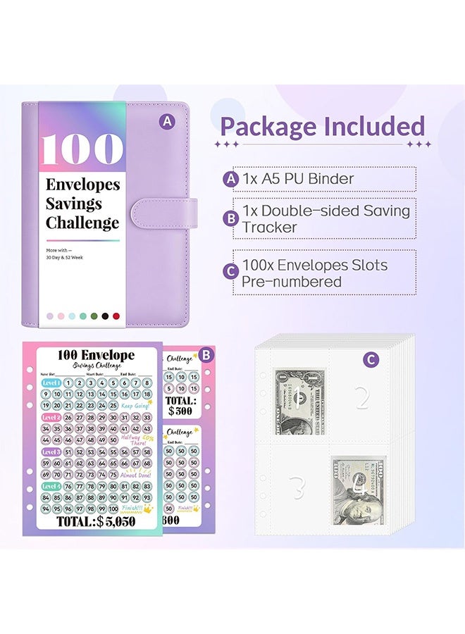GD 100 Envelopes Money Saving Challenge Savings Challenges Book with Envelopes & Challenge Tracker - Money Saving Budget Binder with Pre numbered Pockets for Financial Organization (Purple) - Image 2