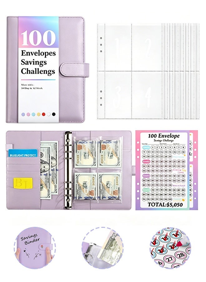 GD 100 Envelopes Money Saving Challenge Savings Challenges Book with Envelopes & Challenge Tracker - Money Saving Budget Binder with Pre numbered Pockets for Financial Organization (Purple) - Image 1