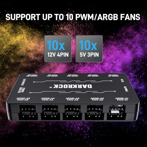 DARKROCK 20-Port PC Case Fan Hub with Remote Control, Dual SATA Port Powered 10-Port 3-Pin ARGB Light and 10-Port 4-Pin PWM Fan Speed Controller - Black - Image 2