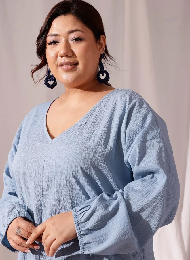 CURVY STREET Blue V-Neck Regular Top for Women