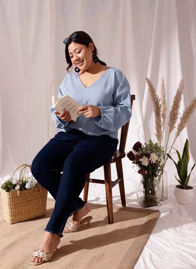 CURVY STREET Blue V-Neck Regular Top for Women