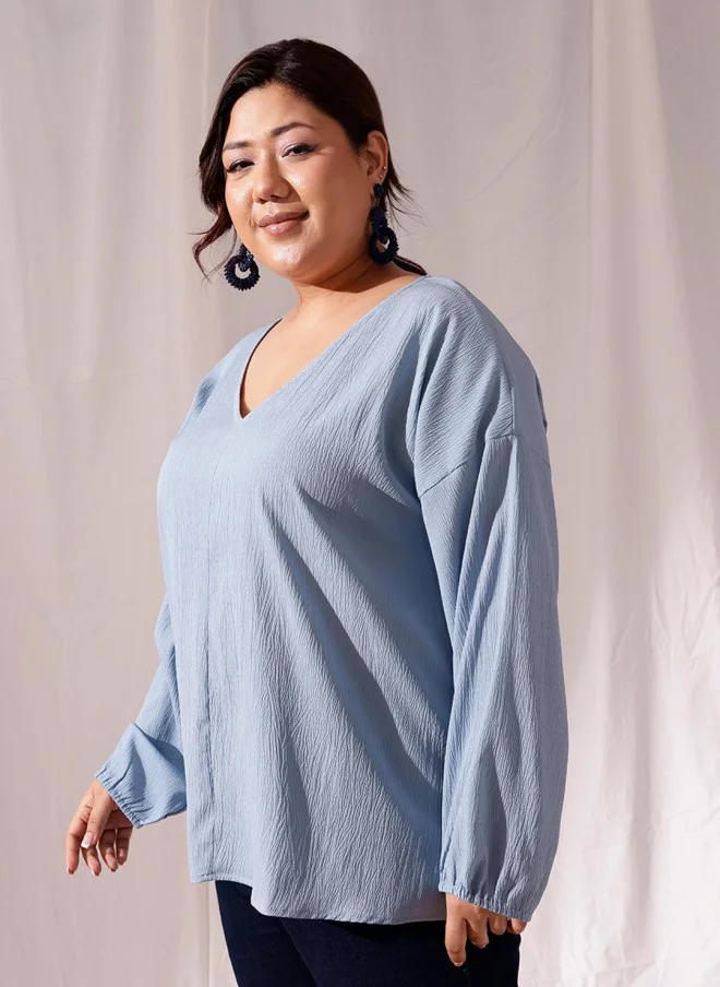 CURVY STREET Blue V-Neck Regular Top for Women