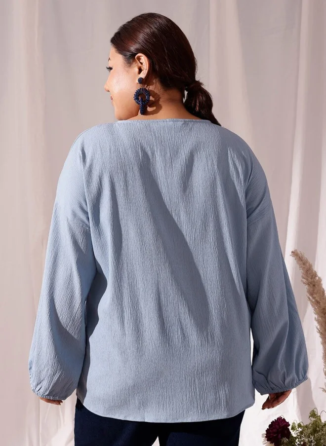 CURVY STREET Blue V-Neck Regular Top for Women