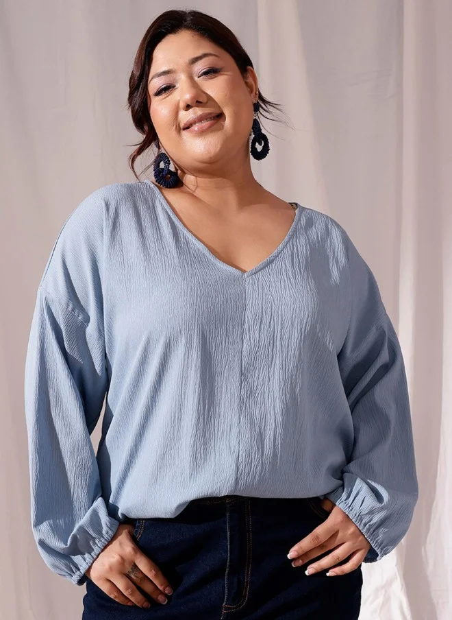 CURVY STREET Blue V-Neck Regular Top for Women