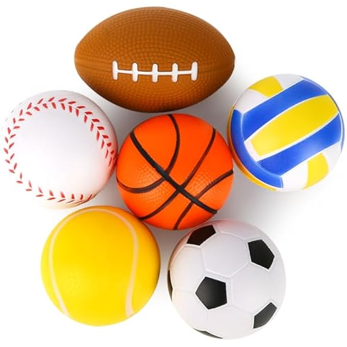Mcpinky 6PCS Stress Balls Bulk, 2.5inch Sports Squeeze Balls Basketball Football Baseball Soccer Tennis Volleyball Toys for Kids Adults - Image 1