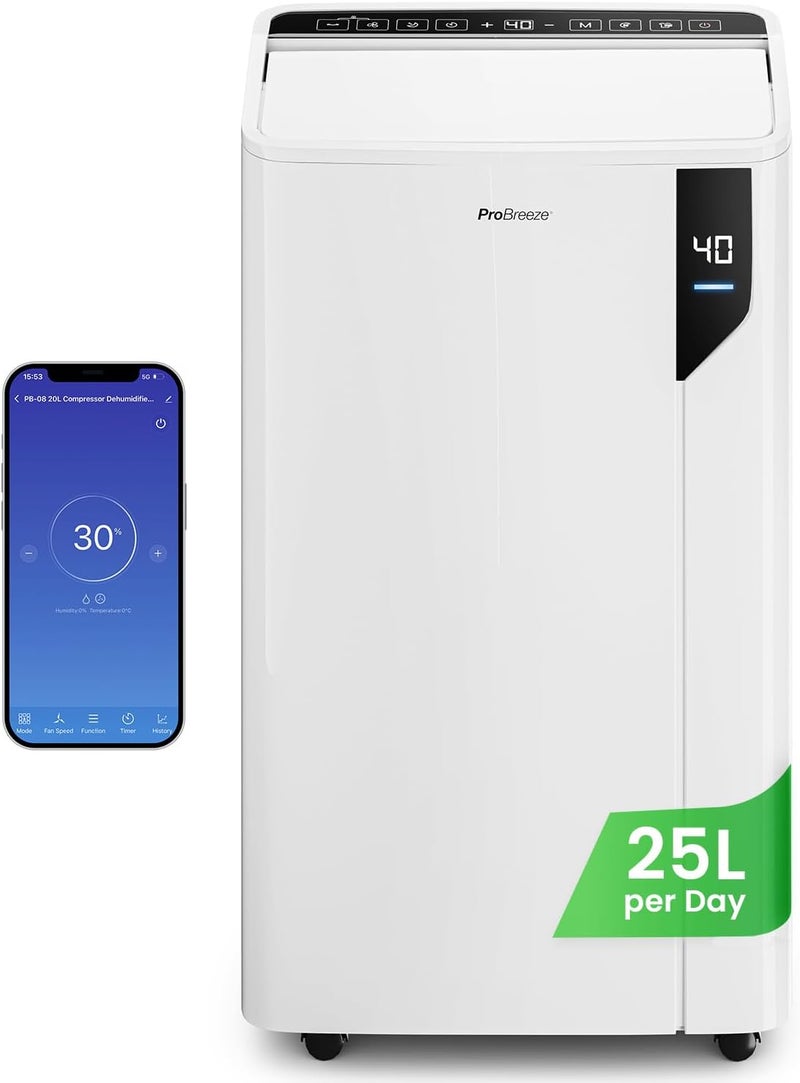 برو_بريز جهاز تنقية الهواء Pro Breeze® سعة 25 لتر بأداء يصل إلى 25 لترًا يوميًا: جهاز كهربائي ذكي وموفر للطاقة، مزود بوضع لتجفيف الملابس، وايفاي، مستشعر رطوبة، وفلتر هواء كربوني لمكافحة العفن والرطوبة؛ مناسب للاستخدام في المنزل، المكتب، وغرفة النوم. - Image 1