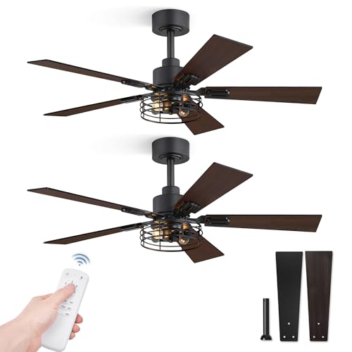Fanbulous 2 Pack Farmhouse 42 Inch Ceiling Fans with Lights, Black Industrial Caged Ceiling Fans for Bedroom Living Room, Double-Sided 5 Blades Rustic Ceiling Fan - Image 1