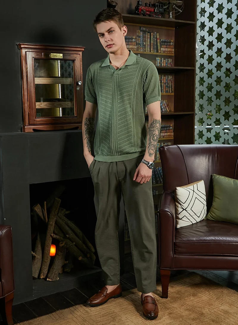 كامبوس سوترا Men's Olive Green Textured-Knit Polo T-Shirt