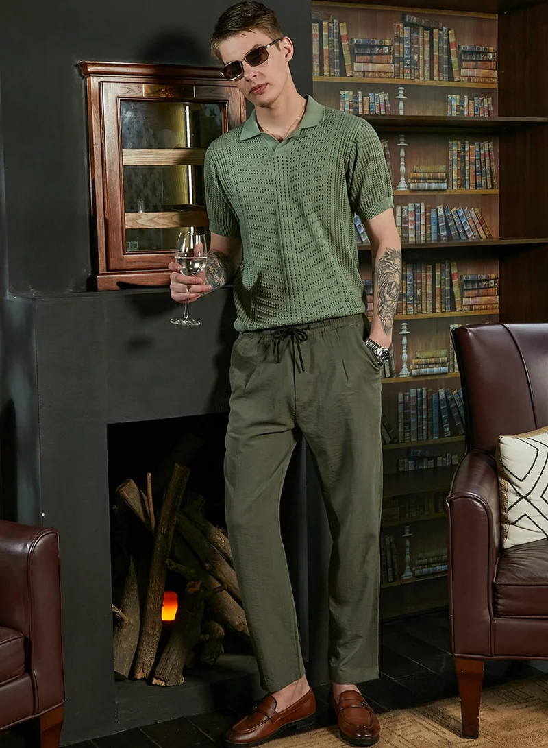 كامبوس سوترا Men's Olive Green Textured-Knit Polo T-Shirt