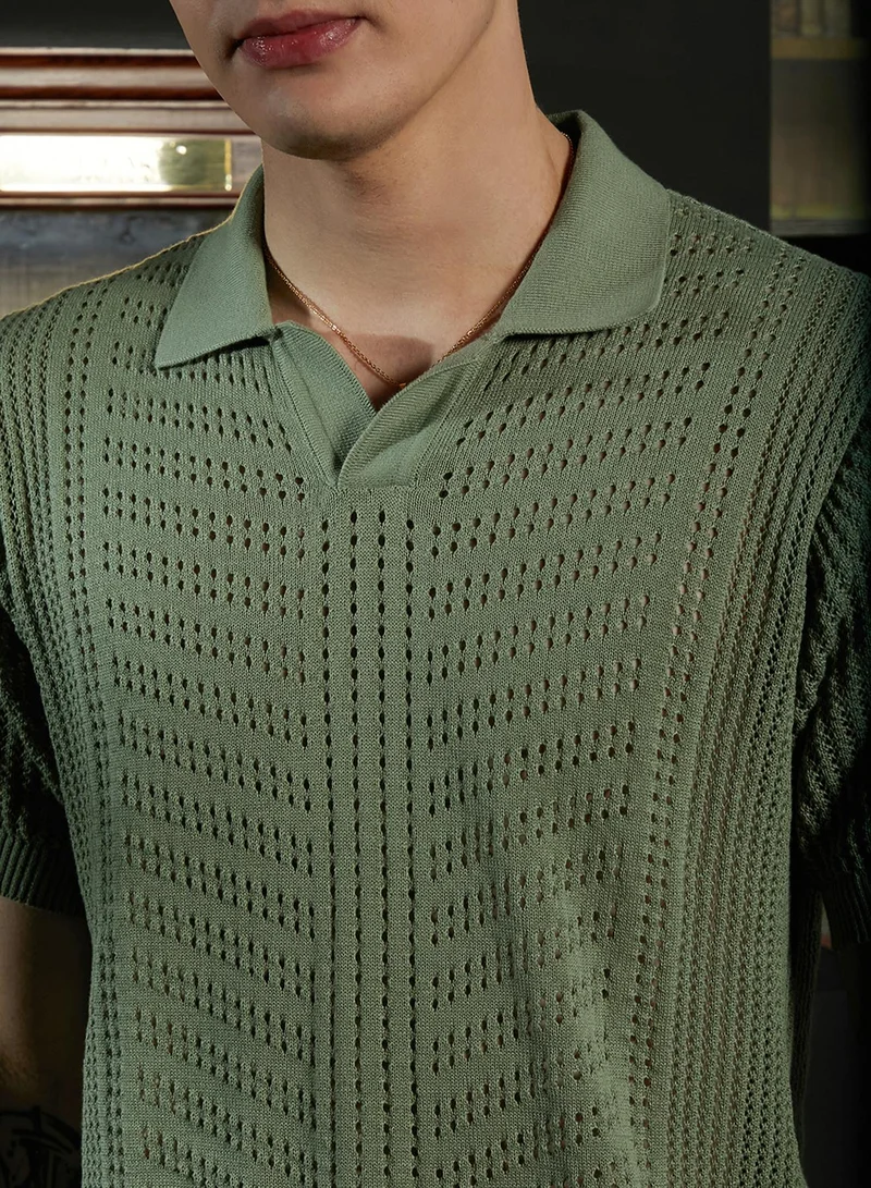 كامبوس سوترا Men's Olive Green Textured-Knit Polo T-Shirt