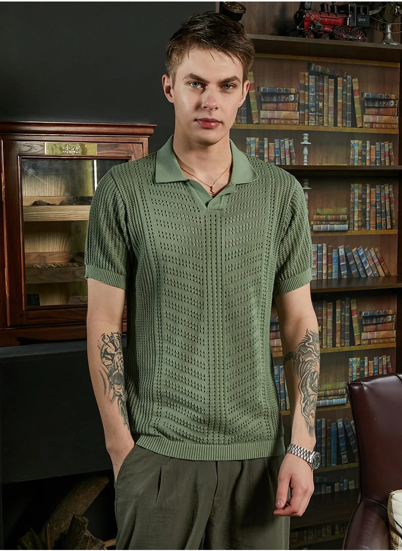 كامبوس سوترا Men's Olive Green Textured-Knit Polo T-Shirt