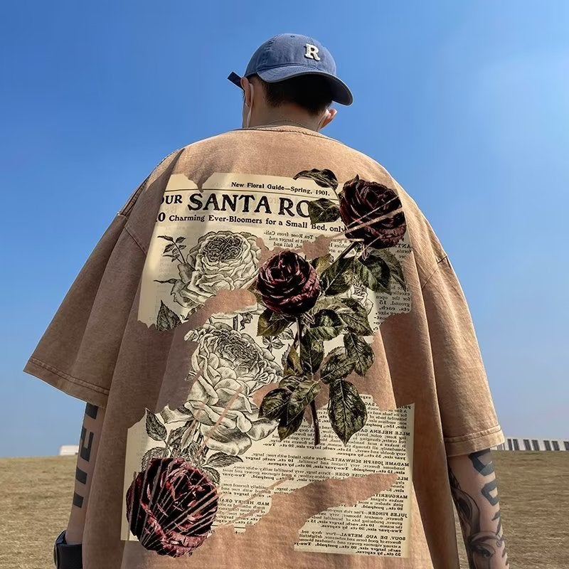 American-Style Short-Sleeved T-Shirt Men'S Summer Heavy Washed Loose Plus Size Fashion Brand High Street Retro Rose Printed Half-Sleeve - Image 1