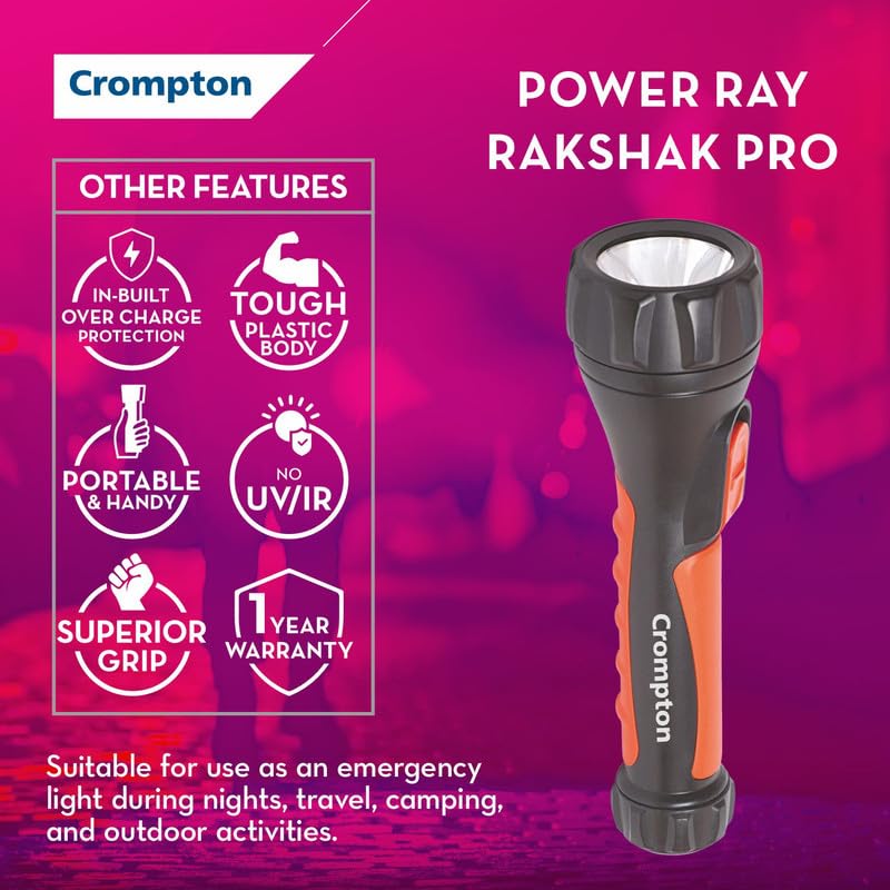 Crompton Rakshak Pro Rechargeable LED Torch Light with USB TypeC Charging Dual Mode Lighting Black Orange Pack of 2 - Image 3