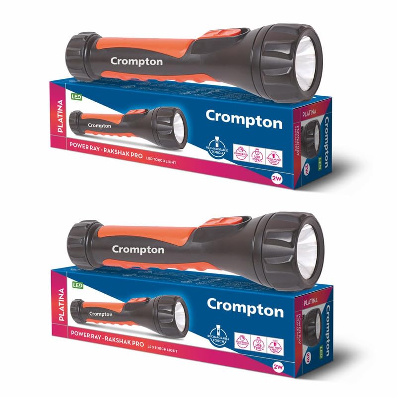 Crompton Rakshak Pro Rechargeable LED Torch Light with USB TypeC Charging Dual Mode Lighting Black Orange Pack of 2 - Image 1