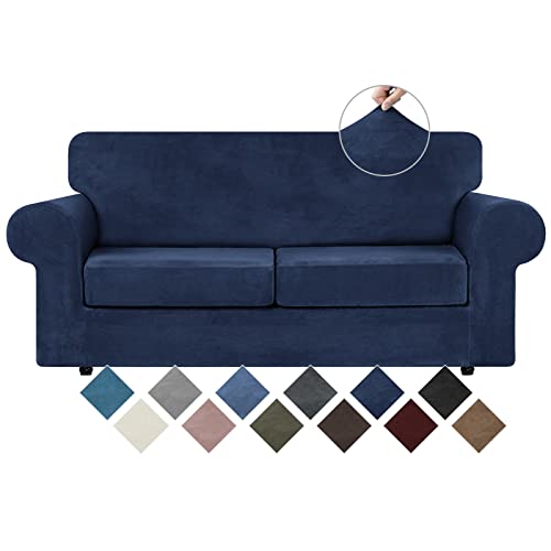WEERRW Velvet Couch Covers for 2 Cushion Couch Sofa  High Stretch Luxury Velvet Plush 3 Pieces Sofa Slipcovers with Elastic Bottom Furniture Protector for Pets Machine Washable Navy Blue Medium