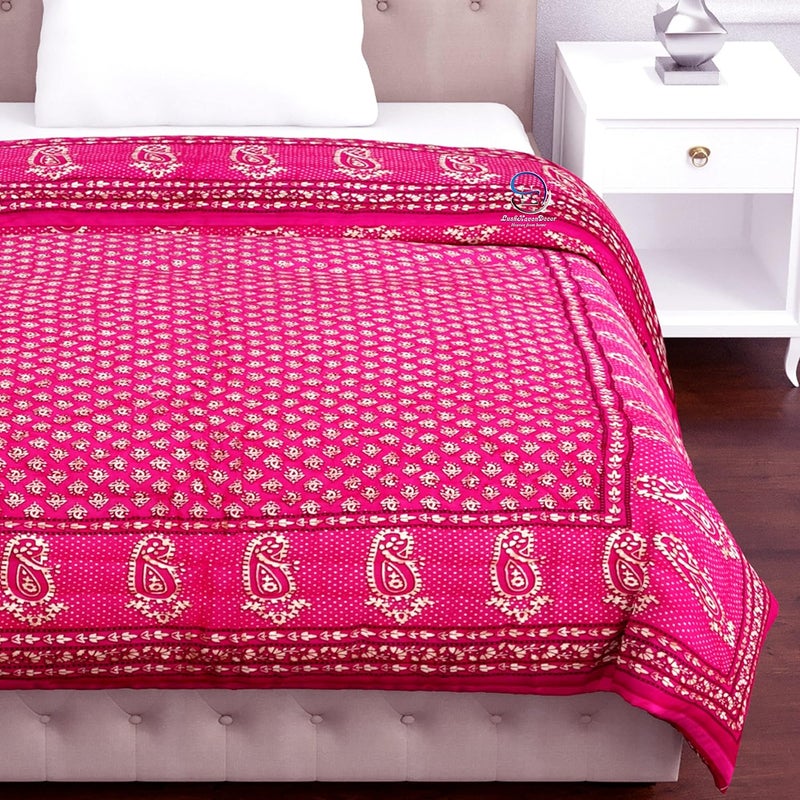 LushHavenDecor THROWS HOME DECOR Traditional Jaipuri Floral Print Design with Gold Print Cotton Single Quilt Blanket Pink  - Image 3