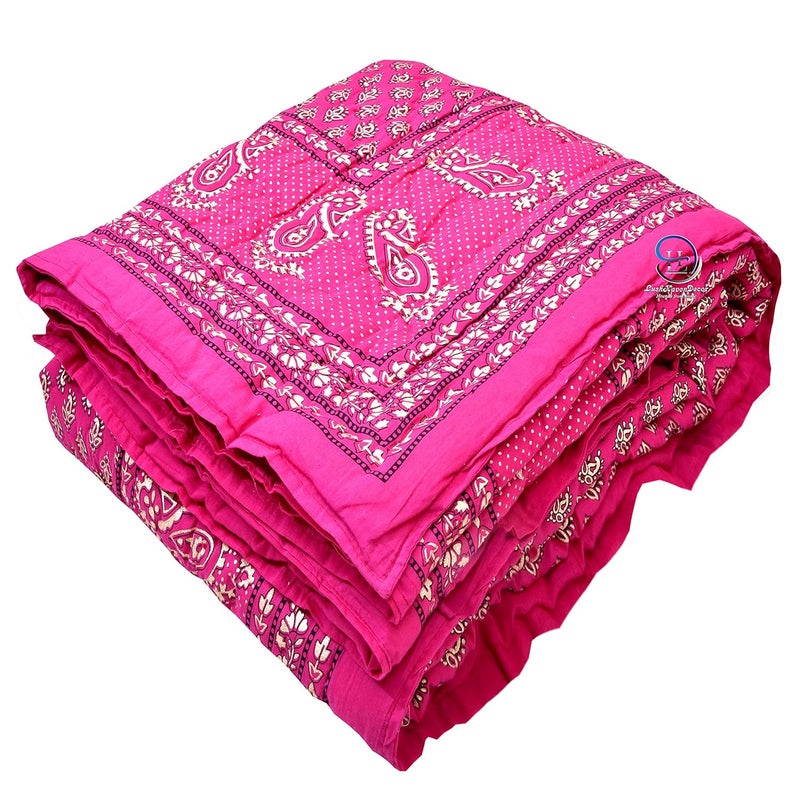 LushHavenDecor THROWS HOME DECOR Traditional Jaipuri Floral Print Design with Gold Print Cotton Single Quilt Blanket Pink  - Image 1