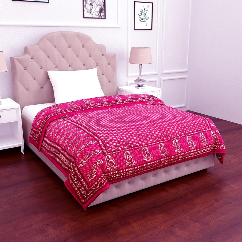 LushHavenDecor THROWS HOME DECOR Traditional Jaipuri Floral Print Design with Gold Print Cotton Single Quilt Blanket Pink  - Image 2
