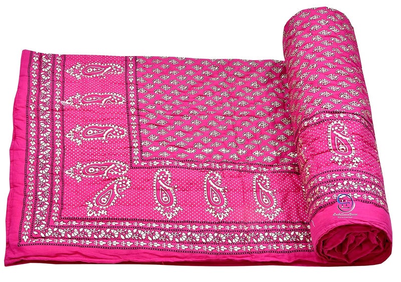 LushHavenDecor THROWS HOME DECOR Traditional Jaipuri Floral Print Design with Gold Print Cotton Single Quilt Blanket Pink  - Image 4