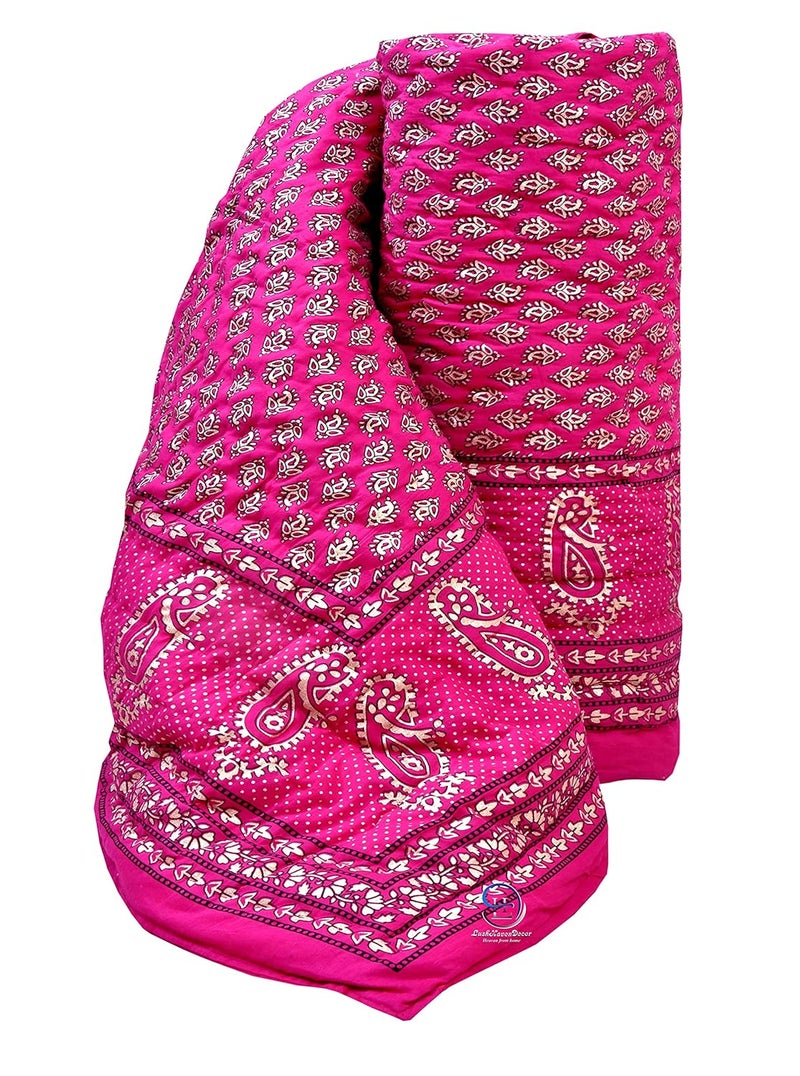 LushHavenDecor THROWS HOME DECOR Traditional Jaipuri Floral Print Design with Gold Print Cotton Single Quilt Blanket Pink  - Image 5