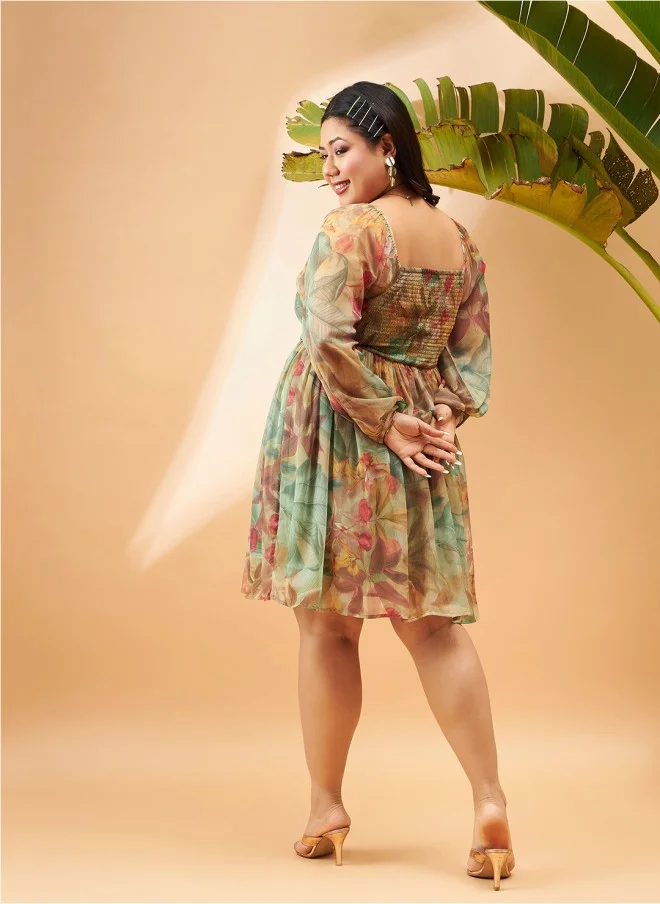 SASSAFRAS Tropical Printed Puff Sleeves Fit & Flare Dress for Women
