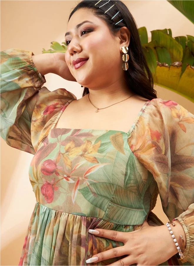 SASSAFRAS Tropical Printed Puff Sleeves Fit & Flare Dress for Women