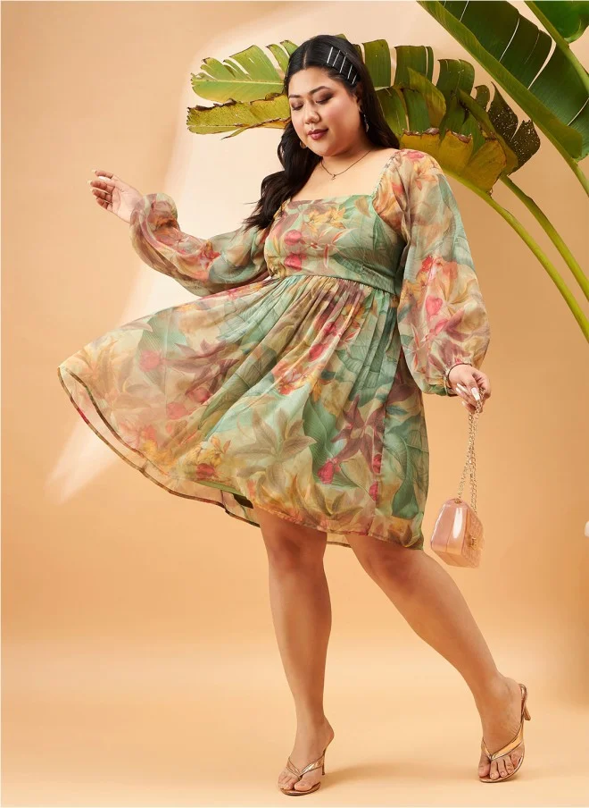 SASSAFRAS Tropical Printed Puff Sleeves Fit & Flare Dress for Women