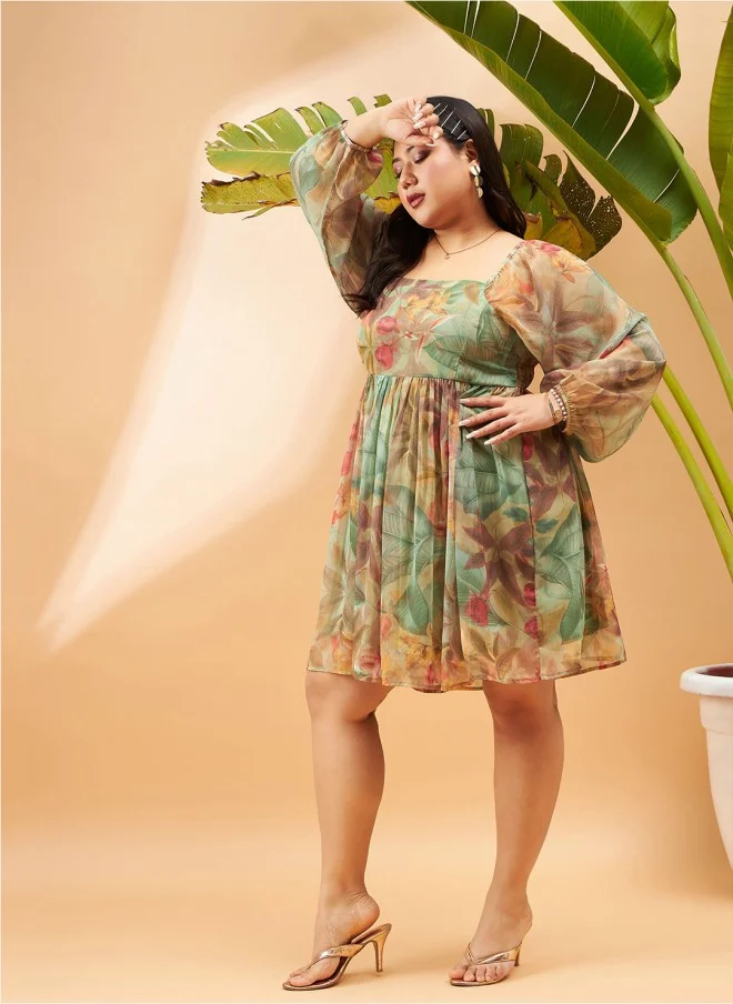 SASSAFRAS Tropical Printed Puff Sleeves Fit & Flare Dress for Women
