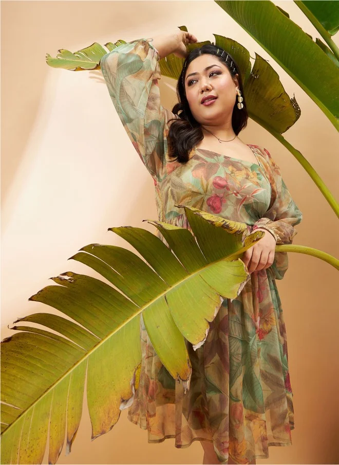 SASSAFRAS Tropical Printed Puff Sleeves Fit & Flare Dress for Women