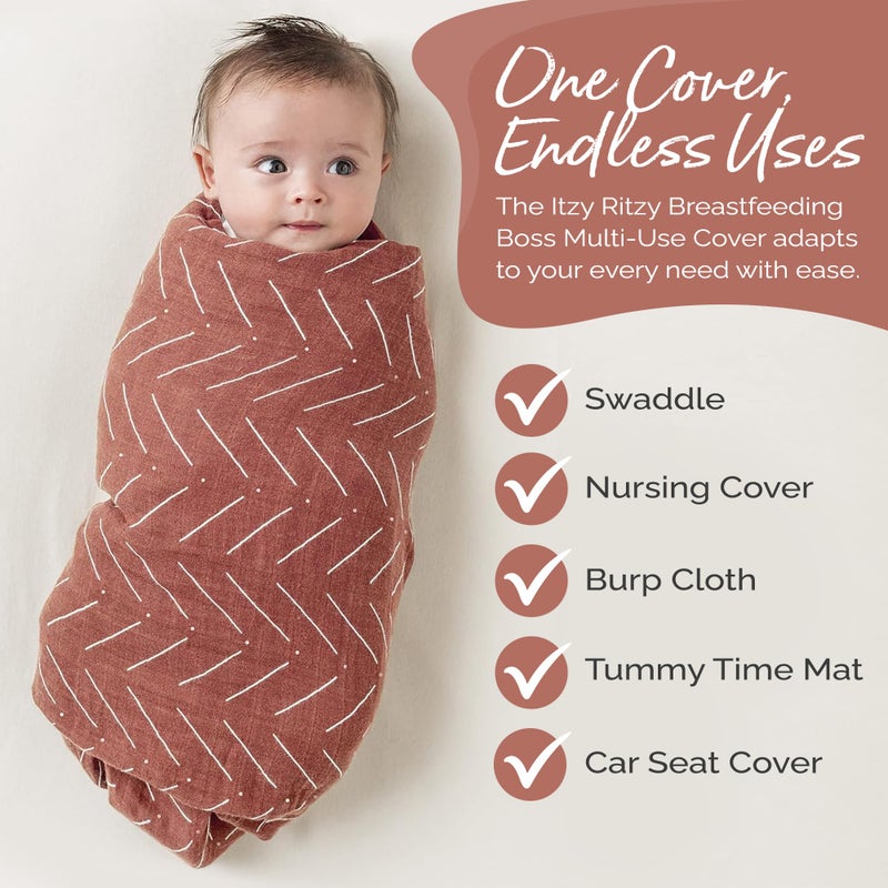 Itzy Ritzy Breastfeeding Boss Multi-Use Cover â€“ A Nursing Cover, Swaddle, Car Seat Wrap, Tummy Time Mat & Burp Cloth All in One â€“ Made of Soft Muslin Fabric & Measures 47â€ x 47â€ (Mudcloth) - Image 3