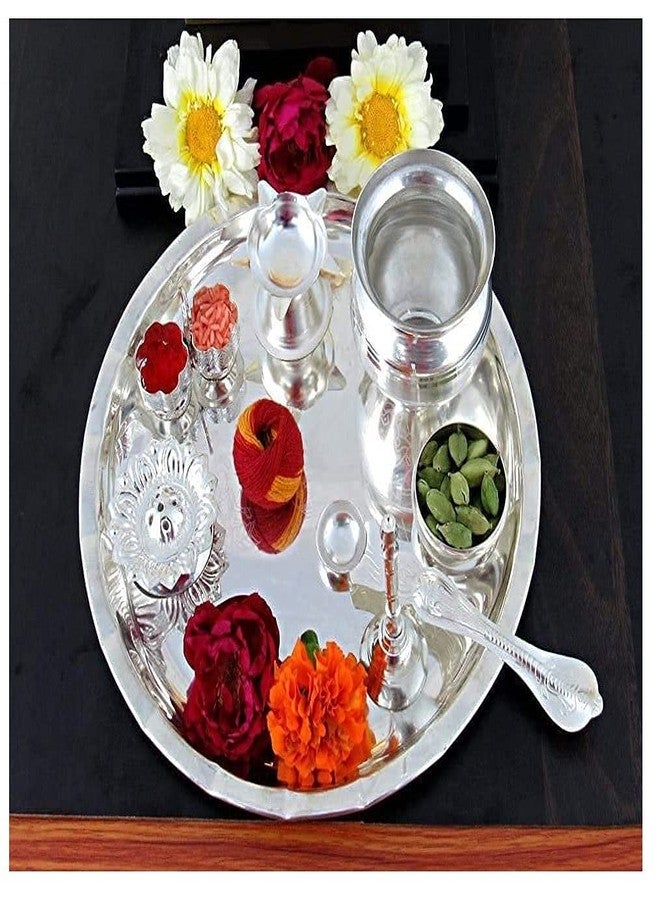 NOBILITY Pooja Thali Set 8 Inch Silver Plated with Accessories for Festival Ethnic Puja Thali for Diwali Home Temple Office Wedding Return Gift Items - Image 1