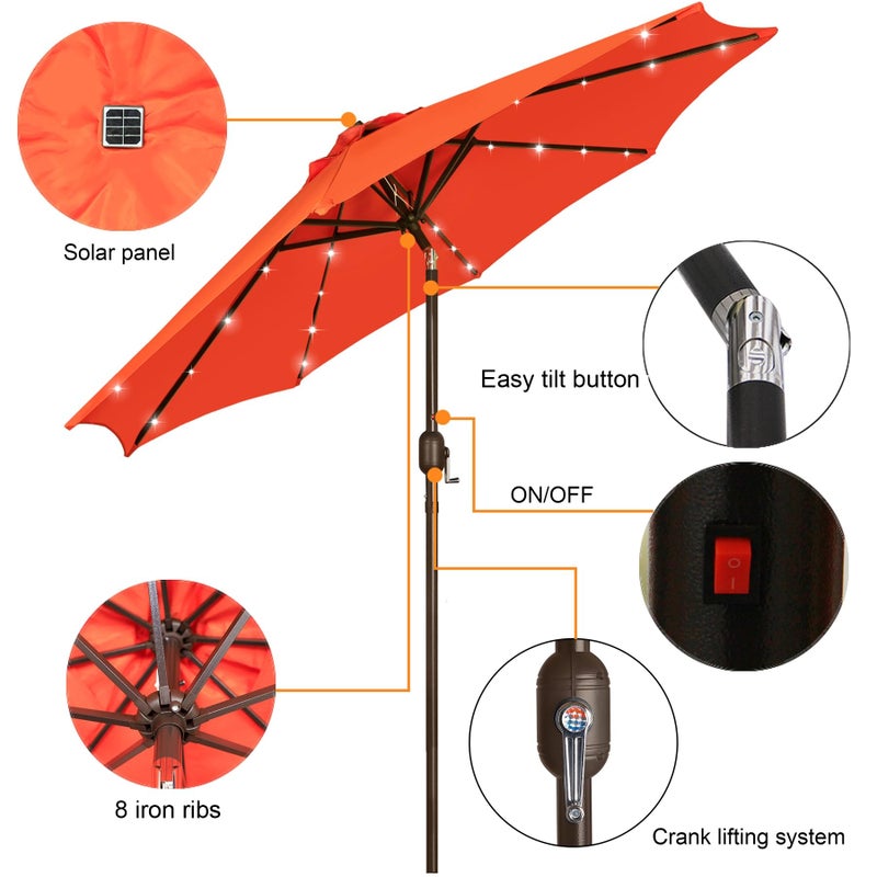 Blissun 9 ft Solar Umbrella, 32 LED Lighted Patio Umbrella, Table Market Umbrella, Outdoor Umbrella for Garden, Deck, Backyard, Pool and Beach (Orange) - Image 2