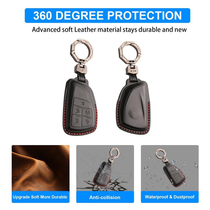 QBUC for Chevy Genuine Leather Key Fob Cover, Smart Key Holder Sleeve Fit for Chevy 2025 2024-2021 Tahoe Suburban GMC Yukon GM Buick, Silverado Sierra 2500HD 3500HD (Black, 5 Buttons) - Image 4