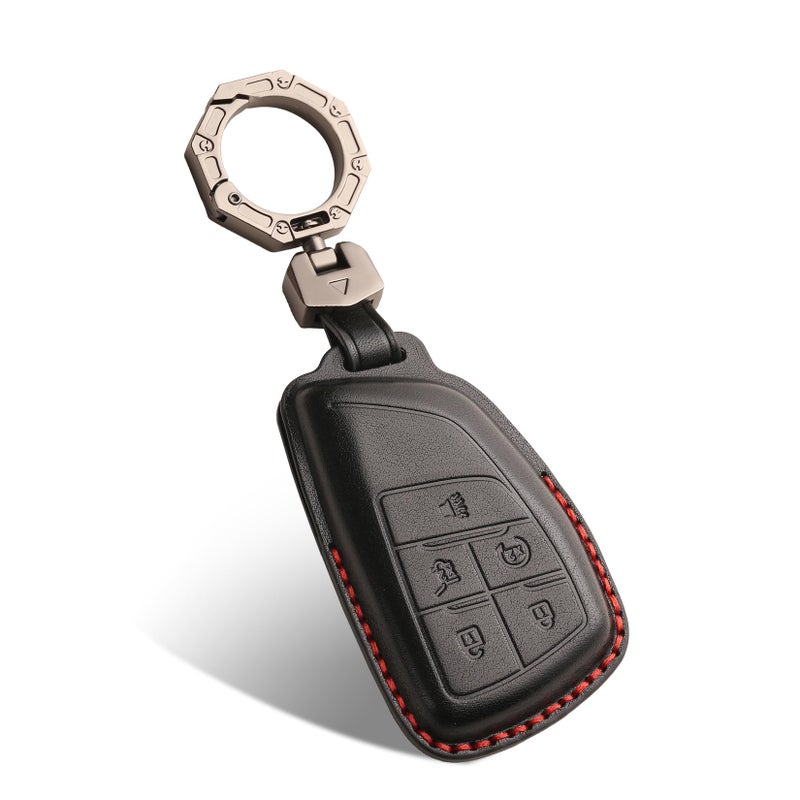 QBUC for Chevy Genuine Leather Key Fob Cover, Smart Key Holder Sleeve Fit for Chevy 2025 2024-2021 Tahoe Suburban GMC Yukon GM Buick, Silverado Sierra 2500HD 3500HD (Black, 5 Buttons) - Image 1