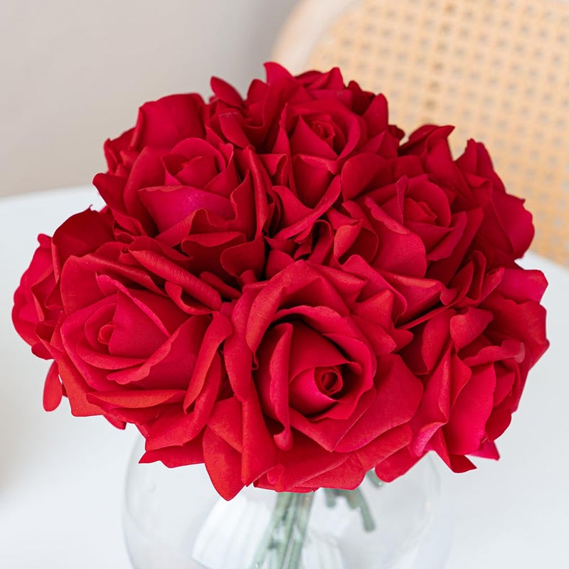 Duyone Artificial Roses Single Stem 10Pcs Fake Silk Flower Arrangement Bouquet Real Touch For Home Party Wedding Decoration(Red) - Image 1