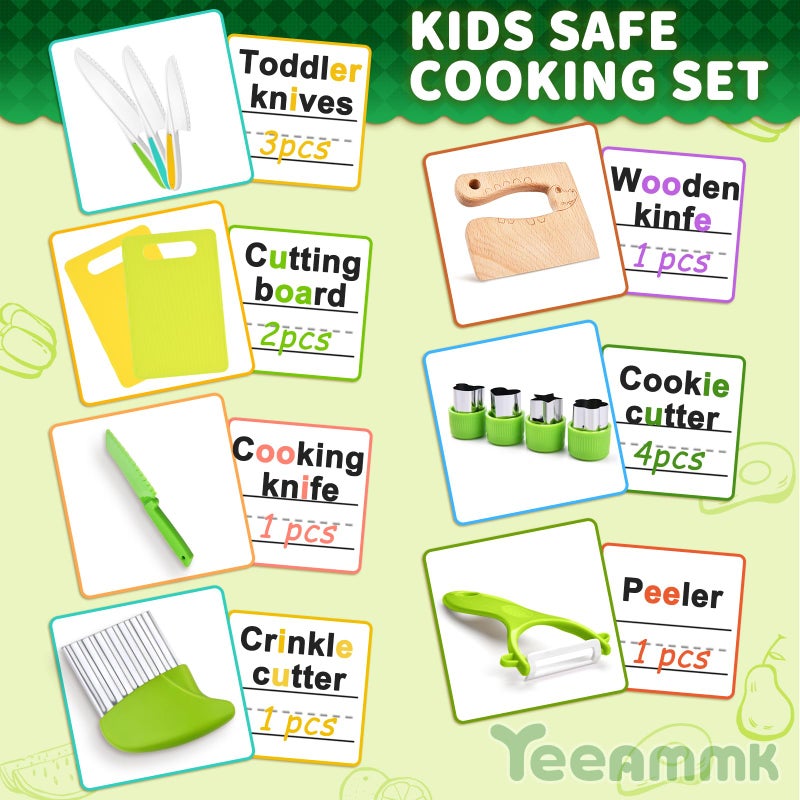 Yeeammk 13 Pieces Montessori Kitchen Toys for Toddlers-Kids Cooking Sets Real-Toddler Toys Set for Real Cooking with Plastic Children Safe Knives Crinkle Cutter Kids Cutting Board - Image 2
