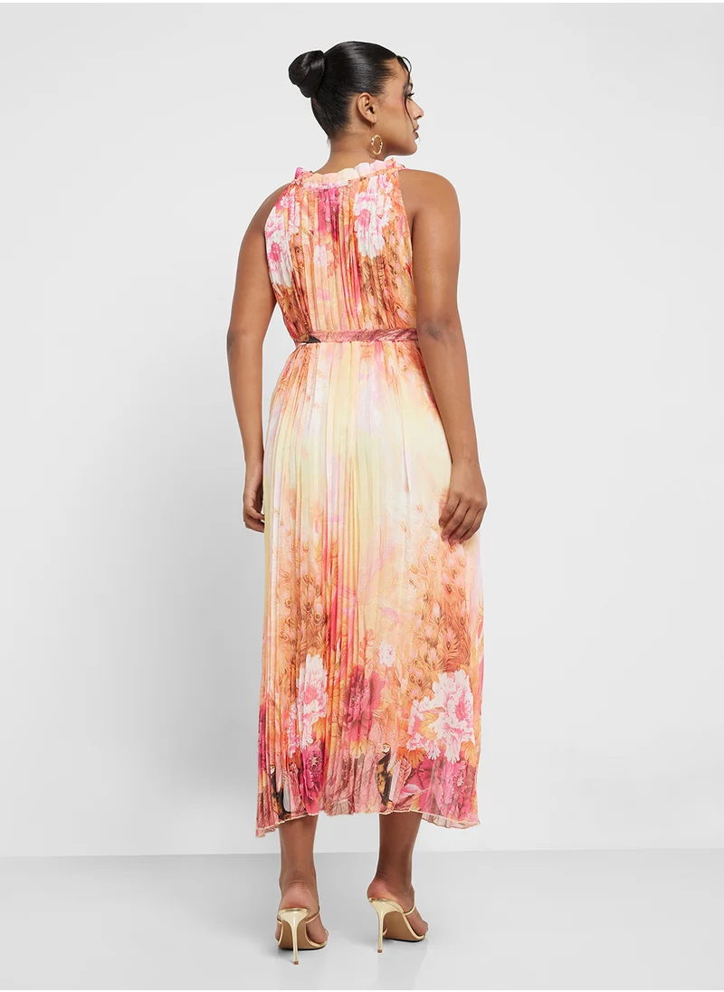 Ginger Plus Halter Neck Pleated Floral Dress