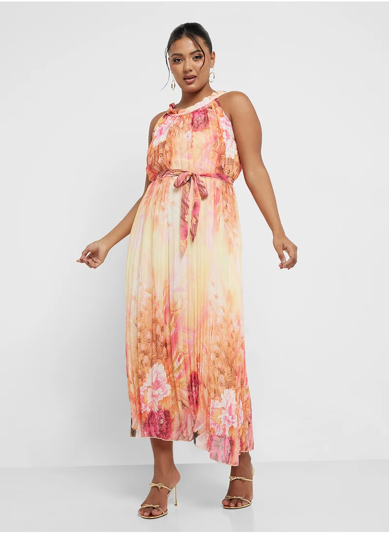 Ginger Plus Halter Neck Pleated Floral Dress