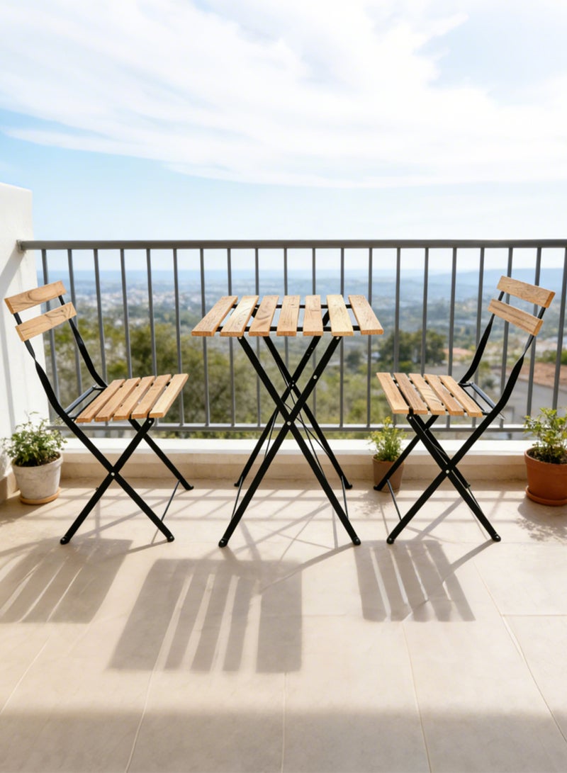 Noon East 3 Piece Patio Wood Outdoor Furniture Set, includes 2 Foldable Chairs and 1 Foldable Square Table, perfect for outdoor, balcony and backyard - Image 1