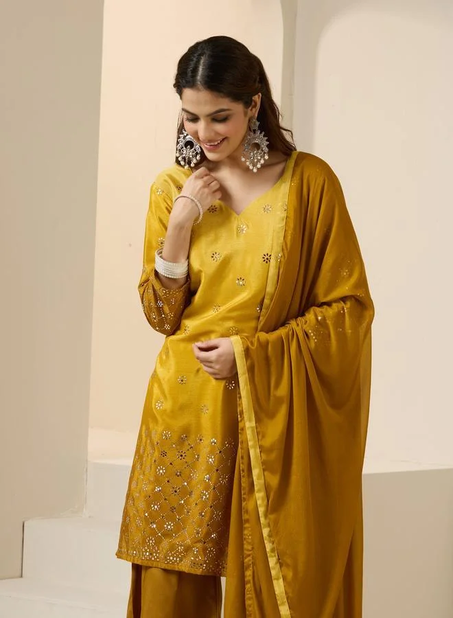 آي شين Women's Yellow Poly Silk Printed Tunic Top With Ankle Palazzo Straight 3 Peice Kurta Set