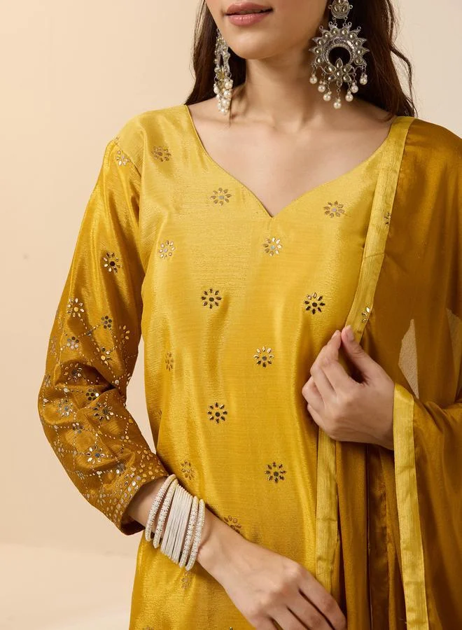 آي شين Women's Yellow Poly Silk Printed Tunic Top With Ankle Palazzo Straight 3 Peice Kurta Set