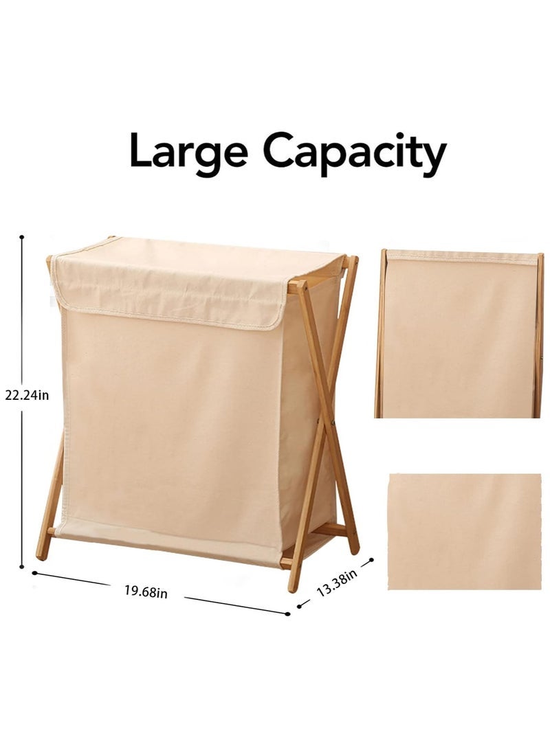 MIXDE Bamboo Laundry Basket Folding Clothes Basket Clothes Basket Bucket Storage Basket Dirty Clothes Basket with Removable Lining Bag Bathroom Laundry Organizer with Lid Beige - Image 2