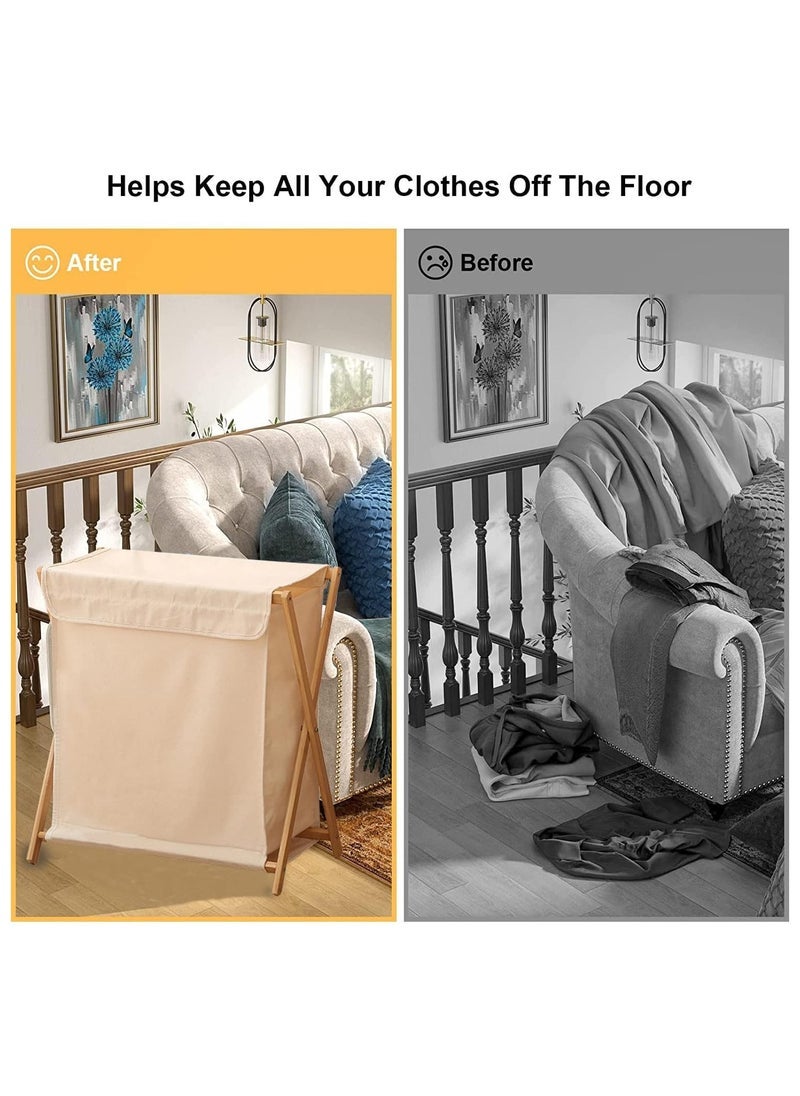 MIXDE Bamboo Laundry Basket Folding Clothes Basket Clothes Basket Bucket Storage Basket Dirty Clothes Basket with Removable Lining Bag Bathroom Laundry Organizer with Lid Beige - Image 3