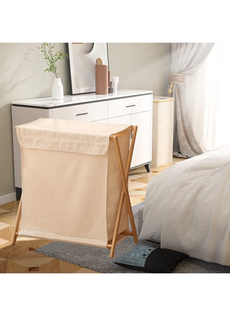 MIXDE Bamboo Laundry Basket Folding Clothes Basket Clothes Basket Bucket Storage Basket Dirty Clothes Basket with Removable Lining Bag Bathroom Laundry Organizer with Lid Beige - Image 5