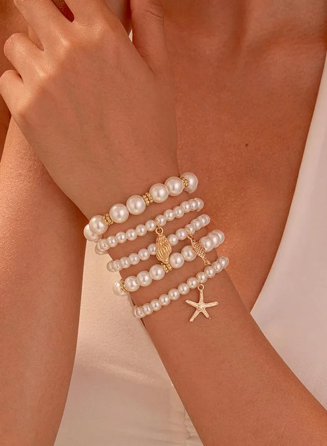 تايك تو Pack of 5 - Faux Pearl Beaded Bracelets with Charms