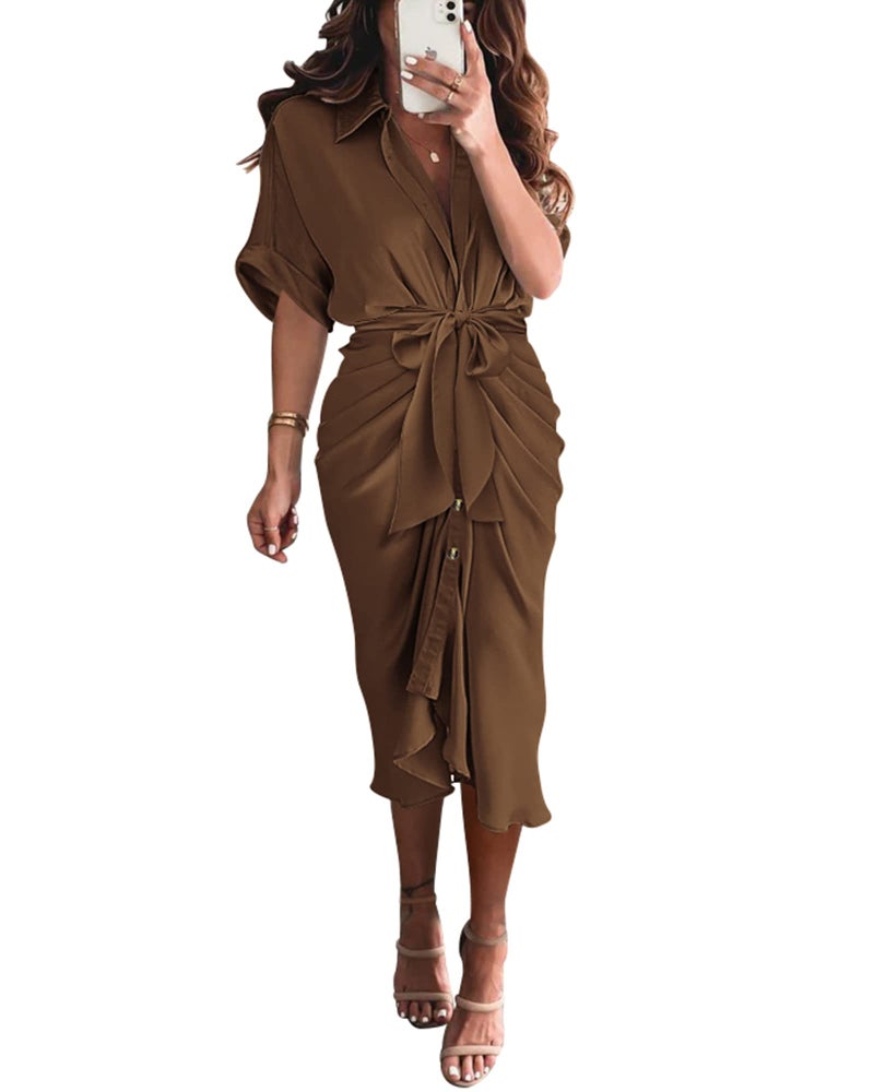 BTFBM Women Button Down Ruched Shirt Dresses Satin Short Sleeve Lapel V Neck Summer Maxi Dress 2025 Party Wedding Guest(Dark Brown, Medium) - Image 1