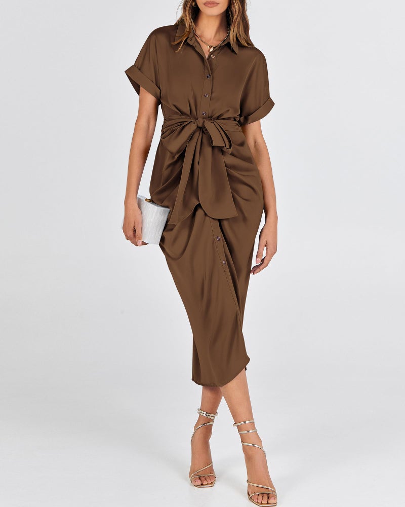 BTFBM Women Button Down Ruched Shirt Dresses Satin Short Sleeve Lapel V Neck Summer Maxi Dress 2025 Party Wedding Guest(Dark Brown, Medium) - Image 4