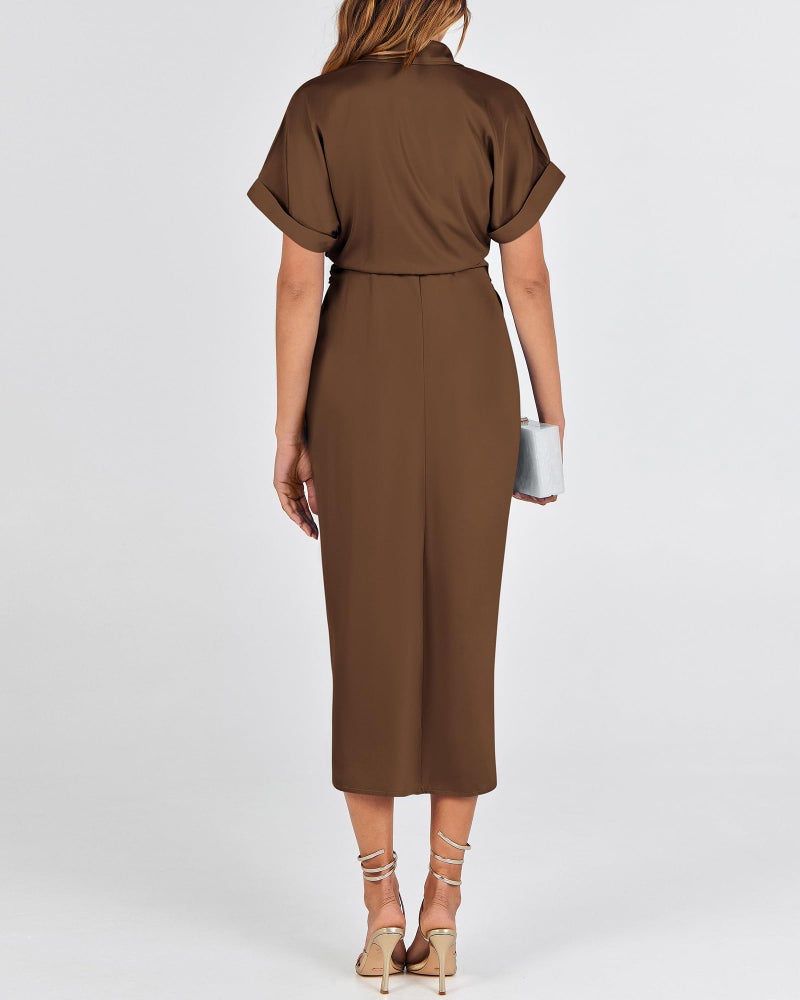 BTFBM Women Button Down Ruched Shirt Dresses Satin Short Sleeve Lapel V Neck Summer Maxi Dress 2025 Party Wedding Guest(Dark Brown, Medium) - Image 5