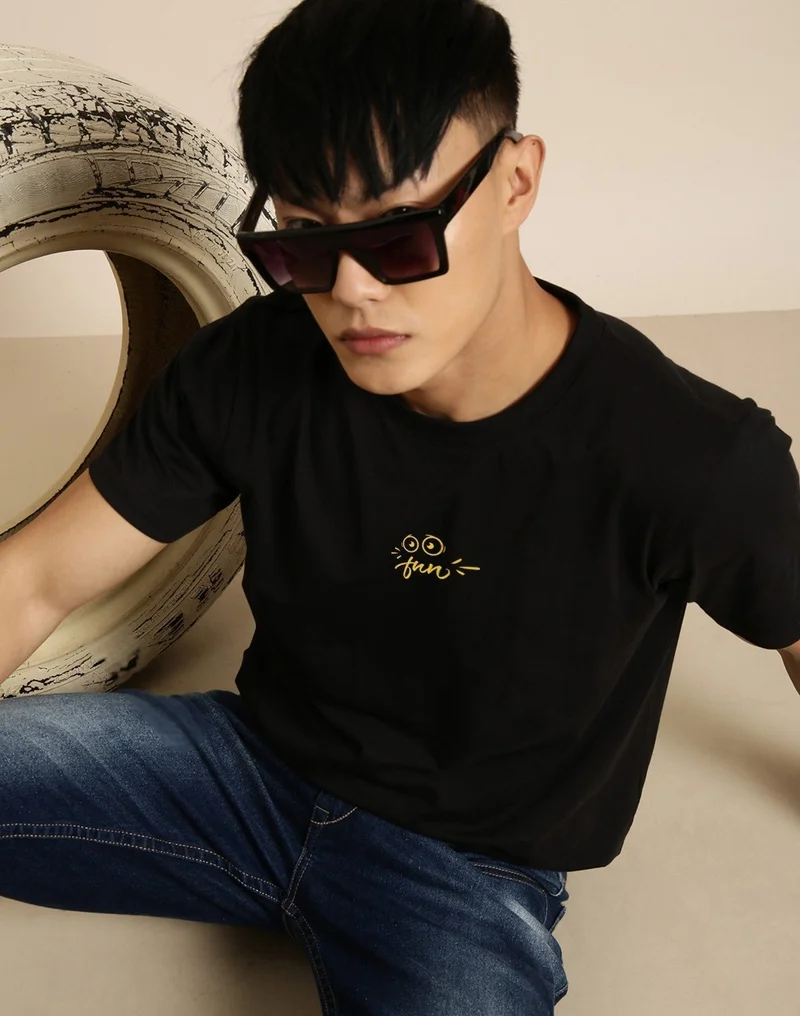 Joven Black Printed Oversize T-Shirt for Men